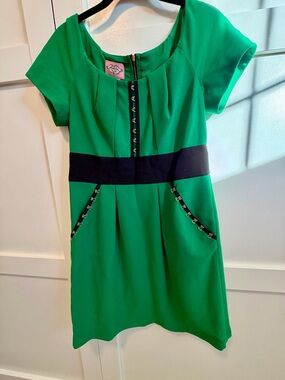 Phoebe Couture Green Dress with Navy Waistband and Hook Accents